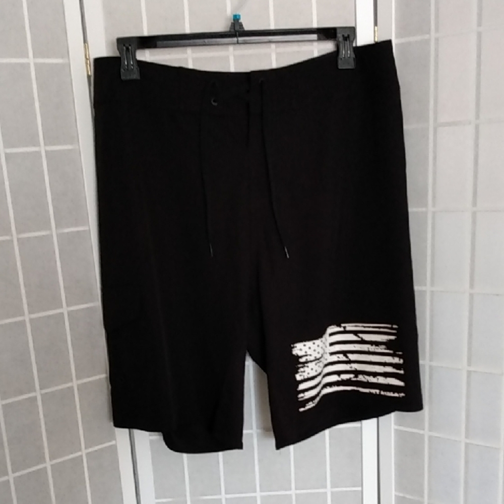 Authentic Mens Board Shorts Size 36 Black American Flag‎ Print Drawstring Waist